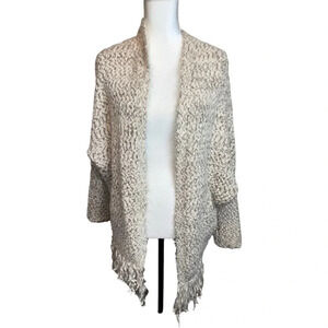 UMGEE Womens Open Front Cardigan Sweater Fringe Hem Cream Brown